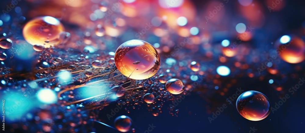 Abstract cosmic background with macro shot of abstract molecule structure in the universe including water bubbles and selective focus - obrazy, fototapety, plakaty 