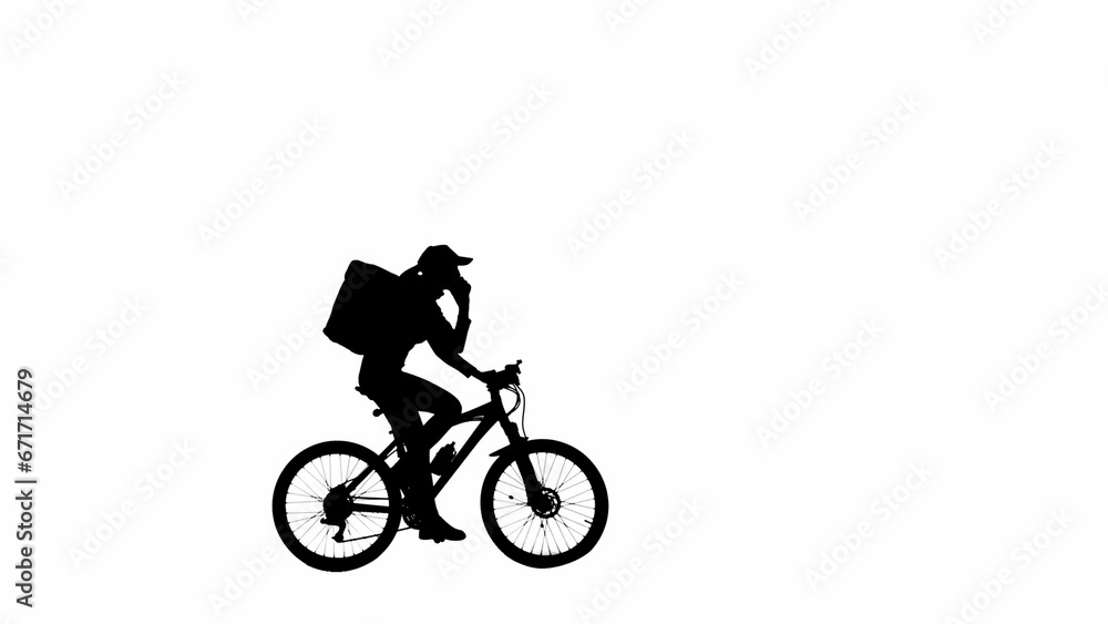 Portrait of female model. Black silhouette delivery girl in uniform on a bike talking on smartphone. Isolated on white background alpha channel. Portrait of female model. Black silhouette delivery girl in uniform on a bike talking on smartphone. Isolated on white background alpha channel.