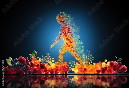 Fruits and vegetables in human shape, concept of nutrition and healthy lifestyle