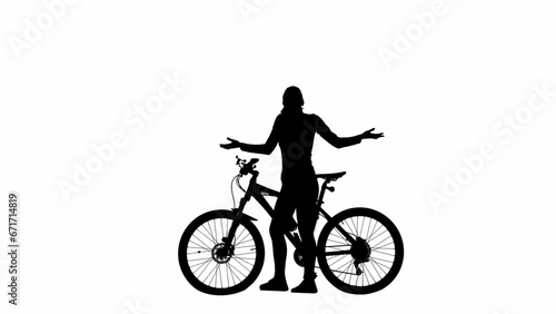 Portrait of female model. Black silhouette of confused girl standing with bicycle, holding hands up. Isolated on white background alpha channel. © kinomaster