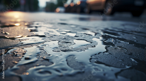 The rain falls heavily on the pavement, creating rippling pools of water that reflect the sky above