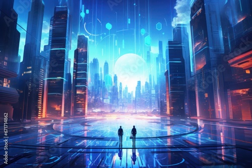 Futuristic cyber city with holographic walkways and digital architecture. Digital future, neon cityscape, cyberpunk urban, city of technology