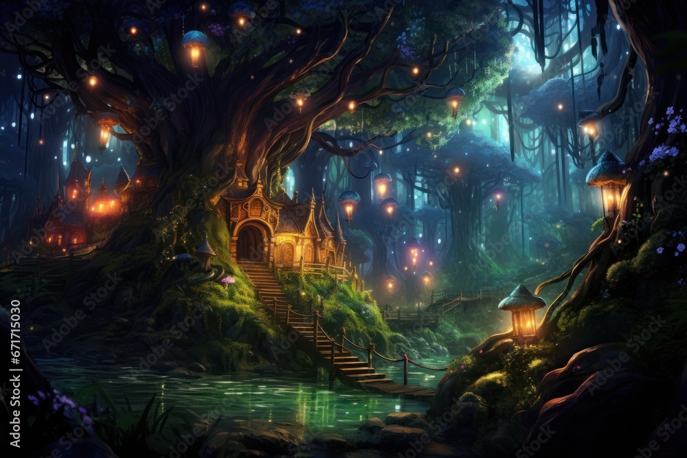 Ethereal forest with luminous fireflies and a hidden treehouse. Mystical woods, enchanted illumination, treetop sanctuary, firefly magic