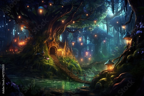Ethereal forest with luminous fireflies and a hidden treehouse. Mystical woods, enchanted illumination, treetop sanctuary, firefly magic