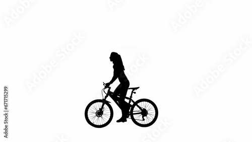 Portrait of female model. Black silhouette of girl riding a bike in standing up position. Isolated on white background with alpha channel.