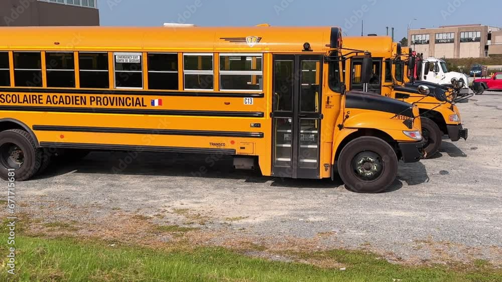Four school buses are parked in the parking lot Four school buses are parked in the parking lot