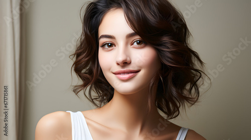 Beautiful young woman with clean fresh skin on white background, Face care, Facial treatment, Cosmetology, beauty and spa concept