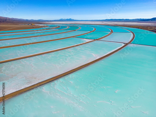 Aerial view of lithium fields / evaporation ponds in the highlands of northern Argentina, South America - a surreal, colorful landscape where batteries are born © freedom_wanted