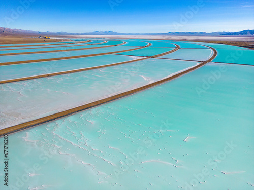Aerial view of lithium fields / evaporation ponds in the highlands of northern Argentina, South America - a surreal, colorful landscape where batteries are born photo