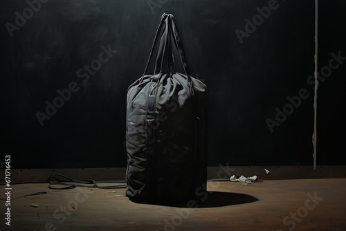 a gym with leather black punching bag
