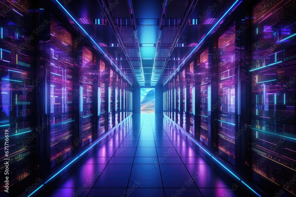 Hi-tech data center large, server room, supercomputer, database, network server, telecommunication, computer concept futuristic techonology.