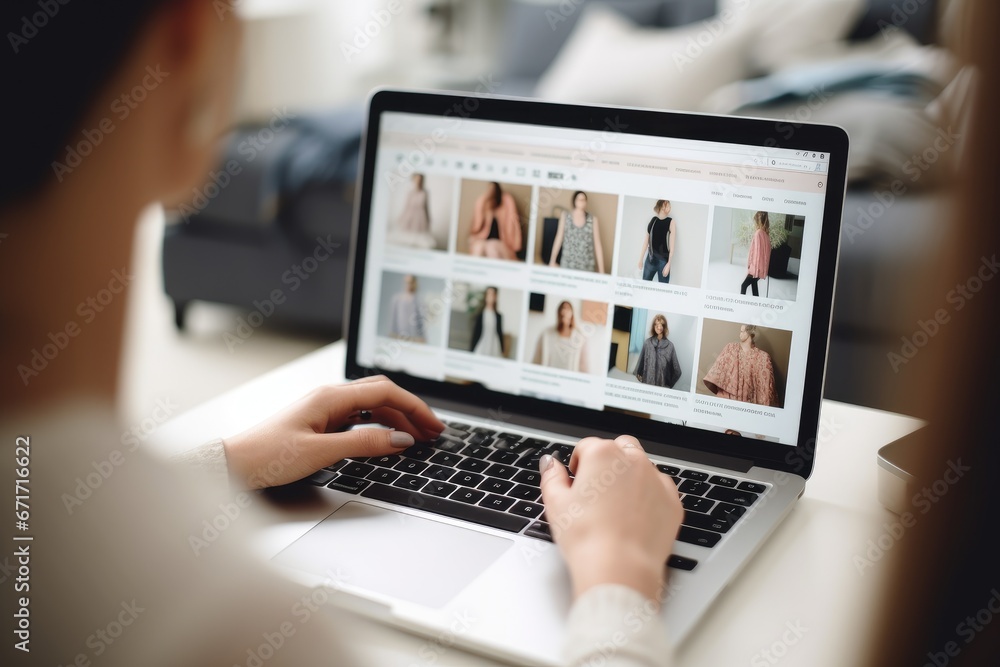 A woman is shopping for clothes with a laptop via an online store website. - obrazy, fototapety, plakaty 