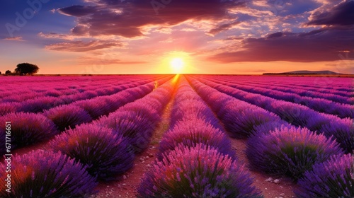 Purple lavender field with sunset in the background.