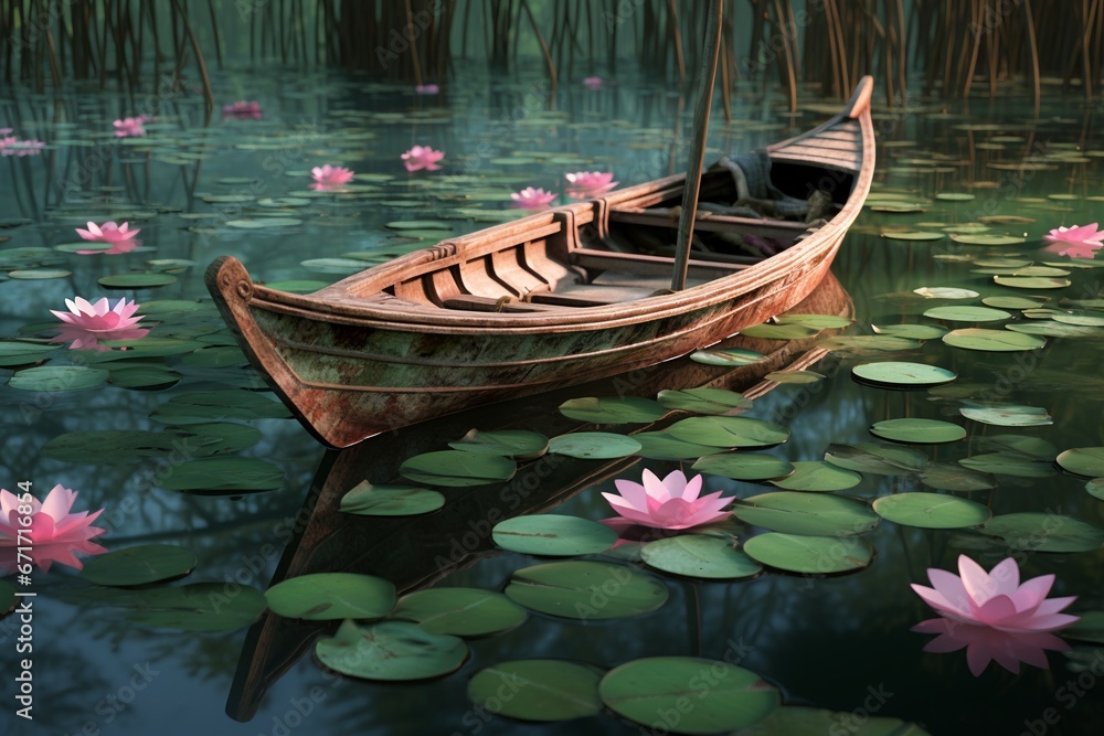 Decorated flowers on a wooden boat.