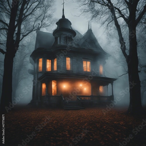 AI generated illustration of a haunted house on a foggy night photo