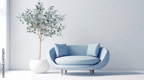 Cute blue loveseat sofa or snuggle chair and pot with.Generative AI