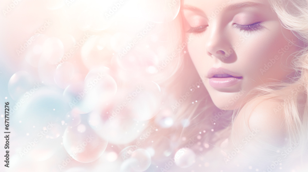 Beautiful young woman with a fair face and smooth skin. Blur background bokeh bubbles. For decorate web pages, assemble products, cosmetics, and skin care creams. Beautiful young woman with a fair face and smooth skin. Blur background bokeh bubbles. For decorate web pages, assemble products, cosmetics, and skin care creams.