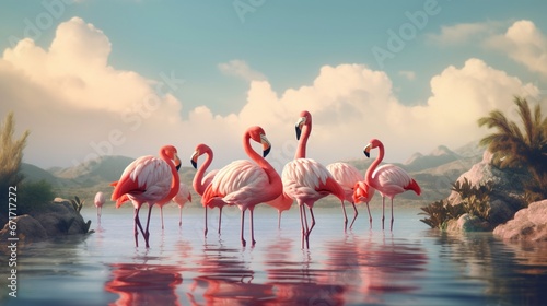 Flamingos enjoying the lake and the landscape in a Background.Generative AI © shuvodesign