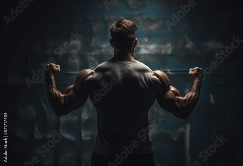 Back view of man with very strong illuminated shadow flexing muscles on dark wall background photo