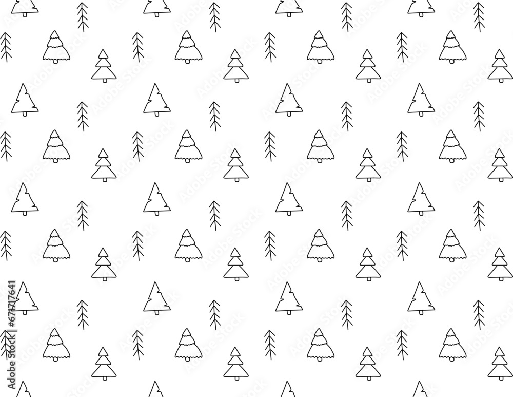 Hand drawn Christmas trees pattern. Seamless New Year doodle illustration. Merry Christmas vector for wallpaper, textiles, bedding, pajamas