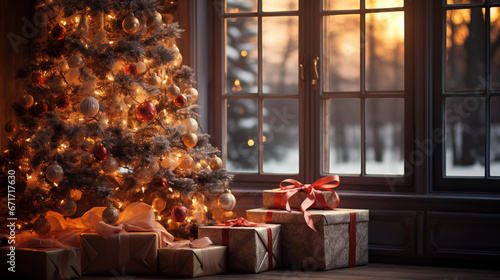 A beautifully decorated Christmas tree surrounded by wrapped presents, with soft morning light streaming through the window