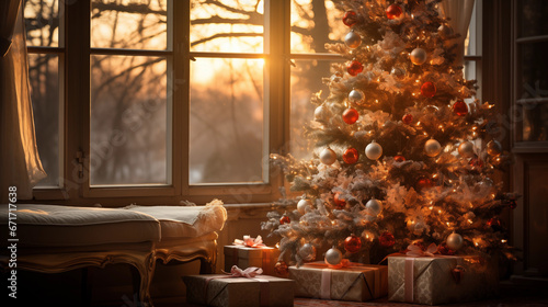 A beautifully decorated Christmas tree surrounded by wrapped presents, with soft morning light streaming through the window