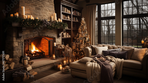 A cozy living room with a roaring fireplace and Christmas stockings hanging above on a chilly Christmas morning