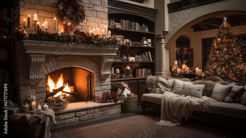 A cozy living room with a roaring fireplace and Christmas stockings hanging above on a chilly Christmas morning