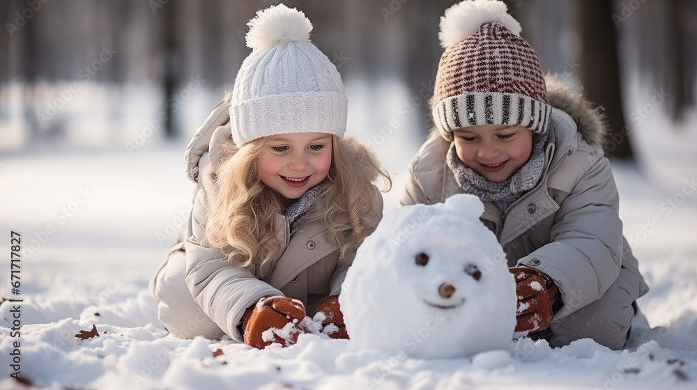 Children building a snowman or having a playful snowball fight outside on a white Christmas morning Children building a snowman or having a playful snowball fight outside on a white Christmas morning