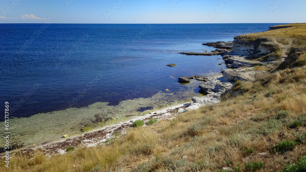 Rocky beach on the Tarkhankut Peninsula, dry steppe in western Crimea