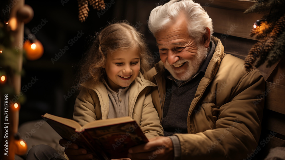 A grandparent reading a Christmas story to their grandchildren in a cozy corner, with a Christmas tree and soft lighting A grandparent reading a Christmas story to their grandchildren in a cozy corner, with a Christmas tree and soft lighting
