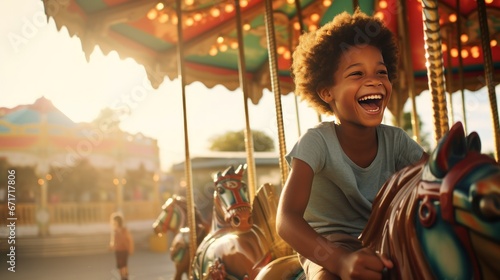 A happy young blackboy expressing excitement while on a colorful carousel, merry-go-round, having fun at an amusement park