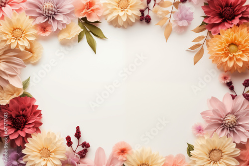 Floral composition with a border colorful flowers. Top view in flat lay style. Wedding frame with copy space  © SVector