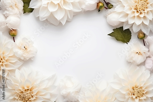White floral composition with a border flowers. Top view in flat lay style. Wedding frame with copy space 