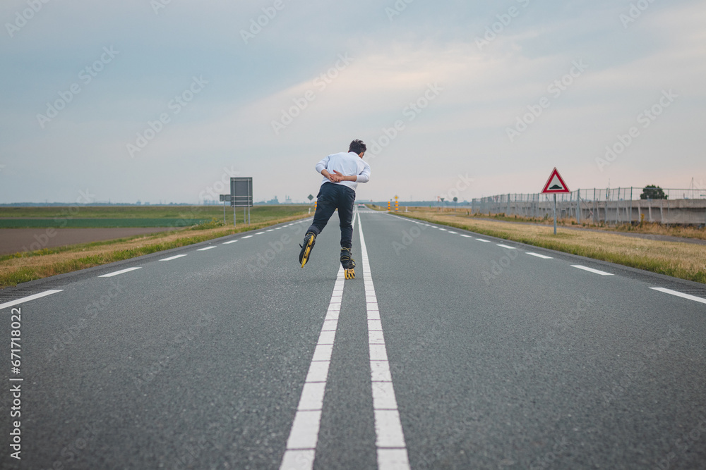 Handsome young athlete rollerblades on Dutch roads to improve endurance and fitness. A young man trains stability and enjoying the fresh air. Sport lifestyle