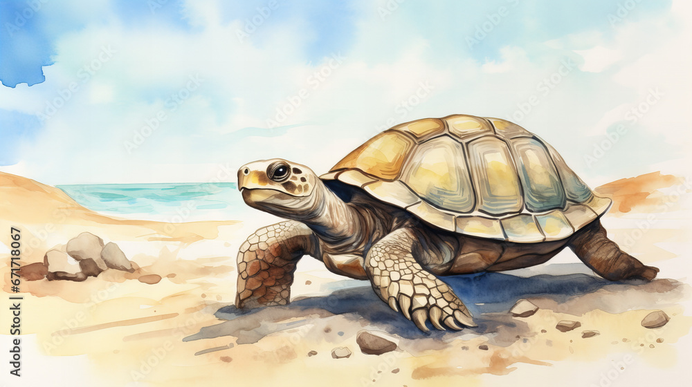 watercolor tortoise walking on a sandy beach on a sunny day