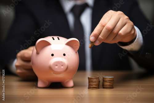 Businessman putting coin to pink piggy bank with increasing coins stacking on table , Money saving and deposit for investment to get profit and dividend concept