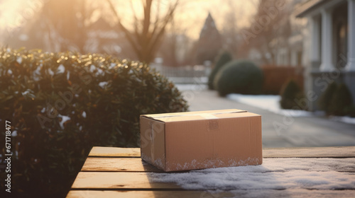 Package left outside in the yard, at the front door. Box standing in winter weather on porch