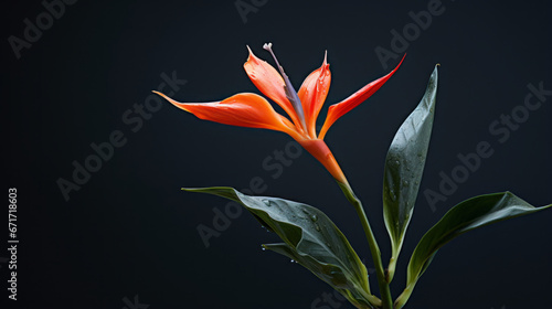 tall, thin-leafed tropical plant with a single bright orange flower photo