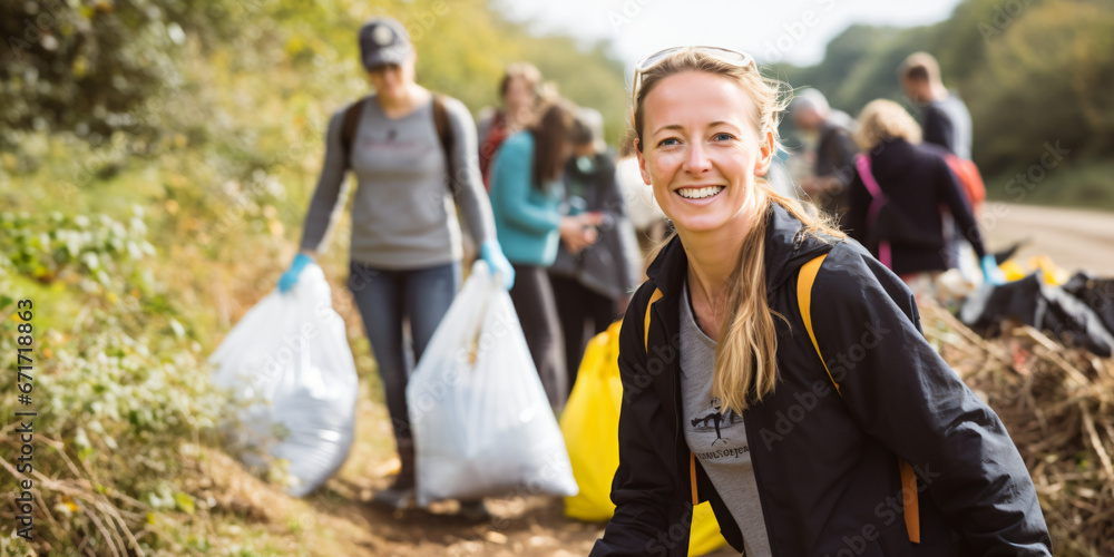 Naklejka premium portrait of a woman during a waste collection, environment, recycling, volunteer