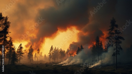 Countryside forest with cloudy sky covered by fire smoke during the evening