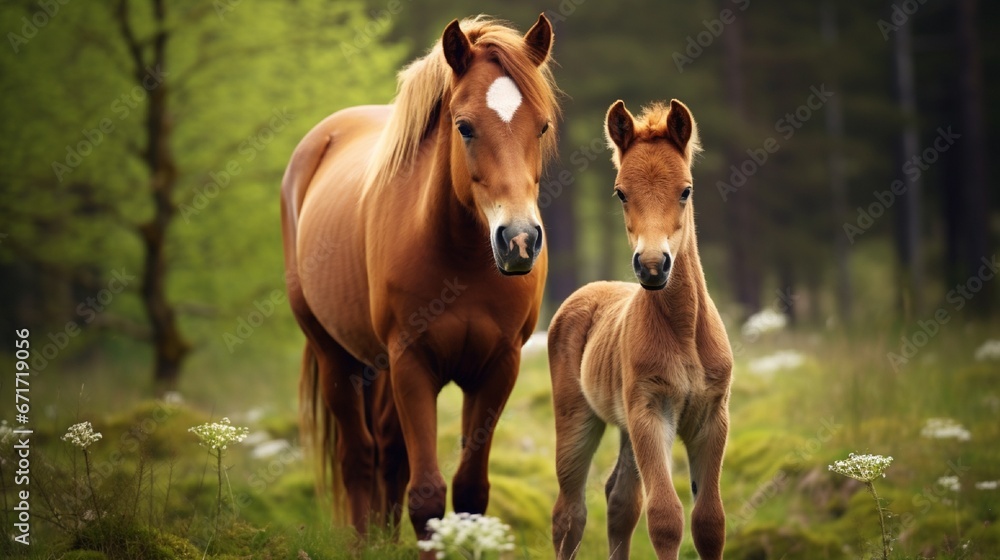 Cute Brown Baby Foal standing near its Mother