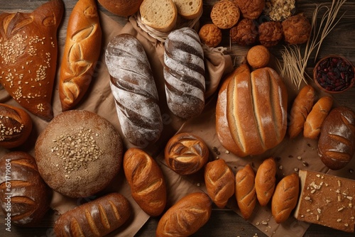 Assorted breads viewed from above. A wide banner photo depicting bakery food with a wheat topping. Generative AI