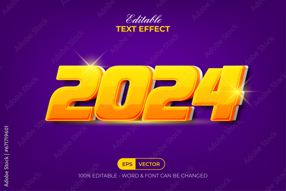 2024 Text Effect Yellow Shiny Style. Editable Text Effect.