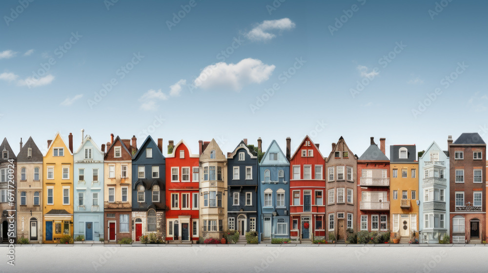 Rows of houses, each with their own style and character, sit side by side in a neighbourhood