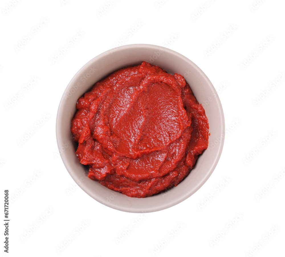 Bowl of tasty tomato paste isolated on white, top view Bowl of tasty tomato paste isolated on white, top view