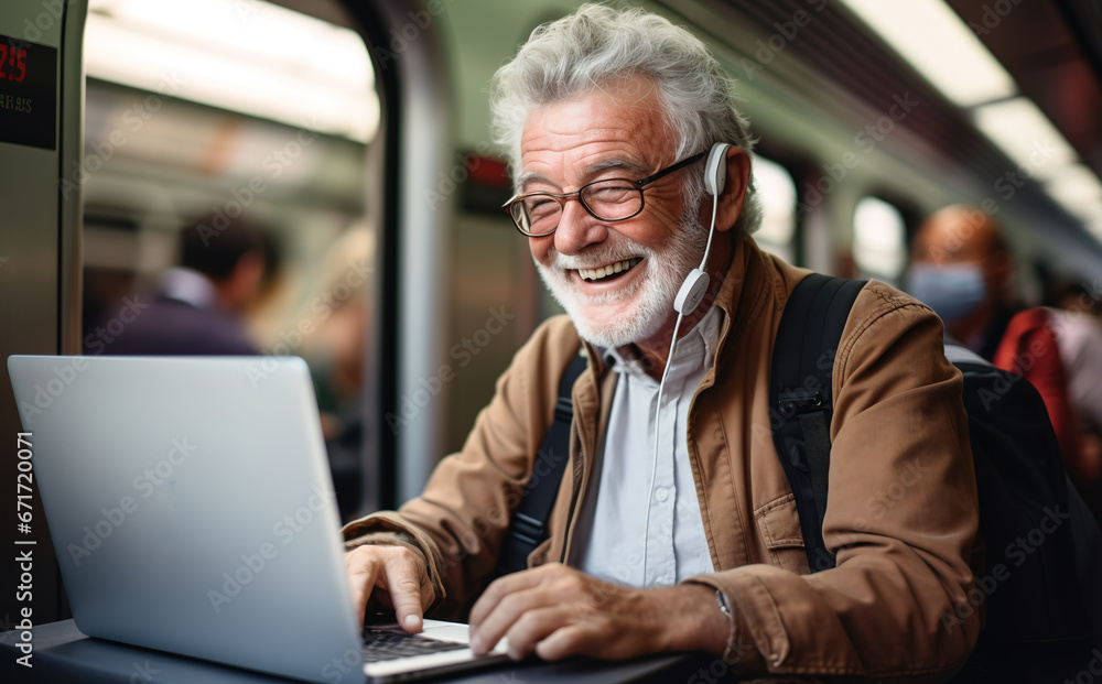 happy elderly smiling man with laptop in a train happy elderly smiling man with laptop in a train