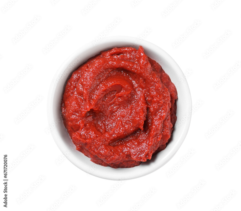 Bowl of tasty tomato paste isolated on white, top view Bowl of tasty tomato paste isolated on white, top view