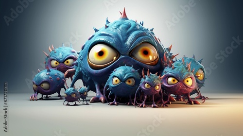 Viele große und kleine blaue Monster mit großen Augen.