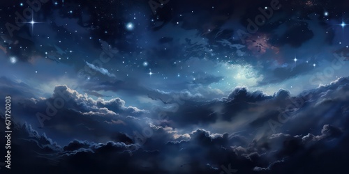 An abstract depiction of the night sky in space  adorned with clouds and stars  creating a mesmerizing.